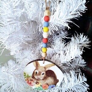 Handmade Spring Easter Bunny Rabbit Beaded Wood Ornament Tiered Tray Tree Decor